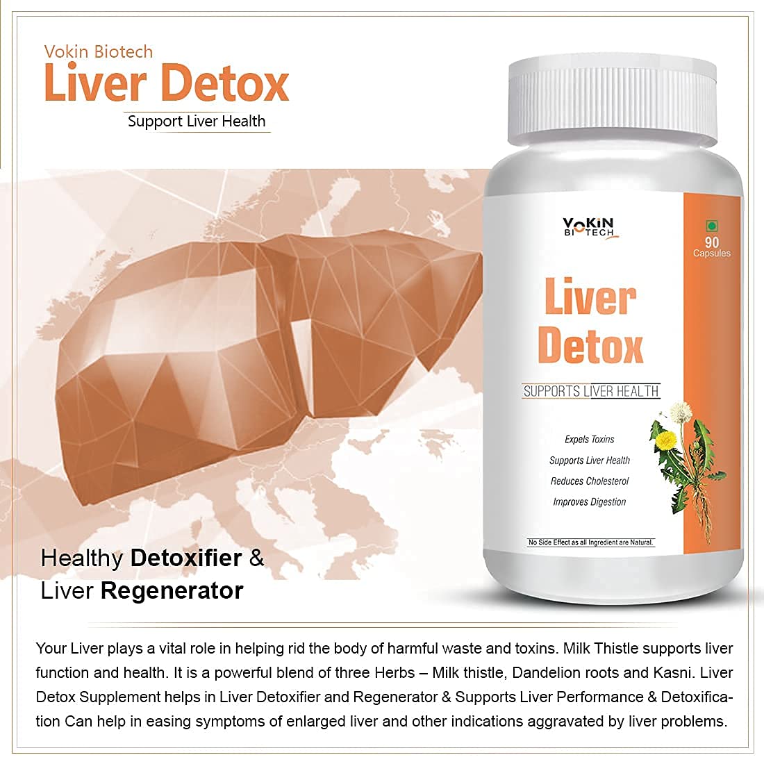 Vokin Biotech Liver Detox supplement bottle with liver graphic on a light background