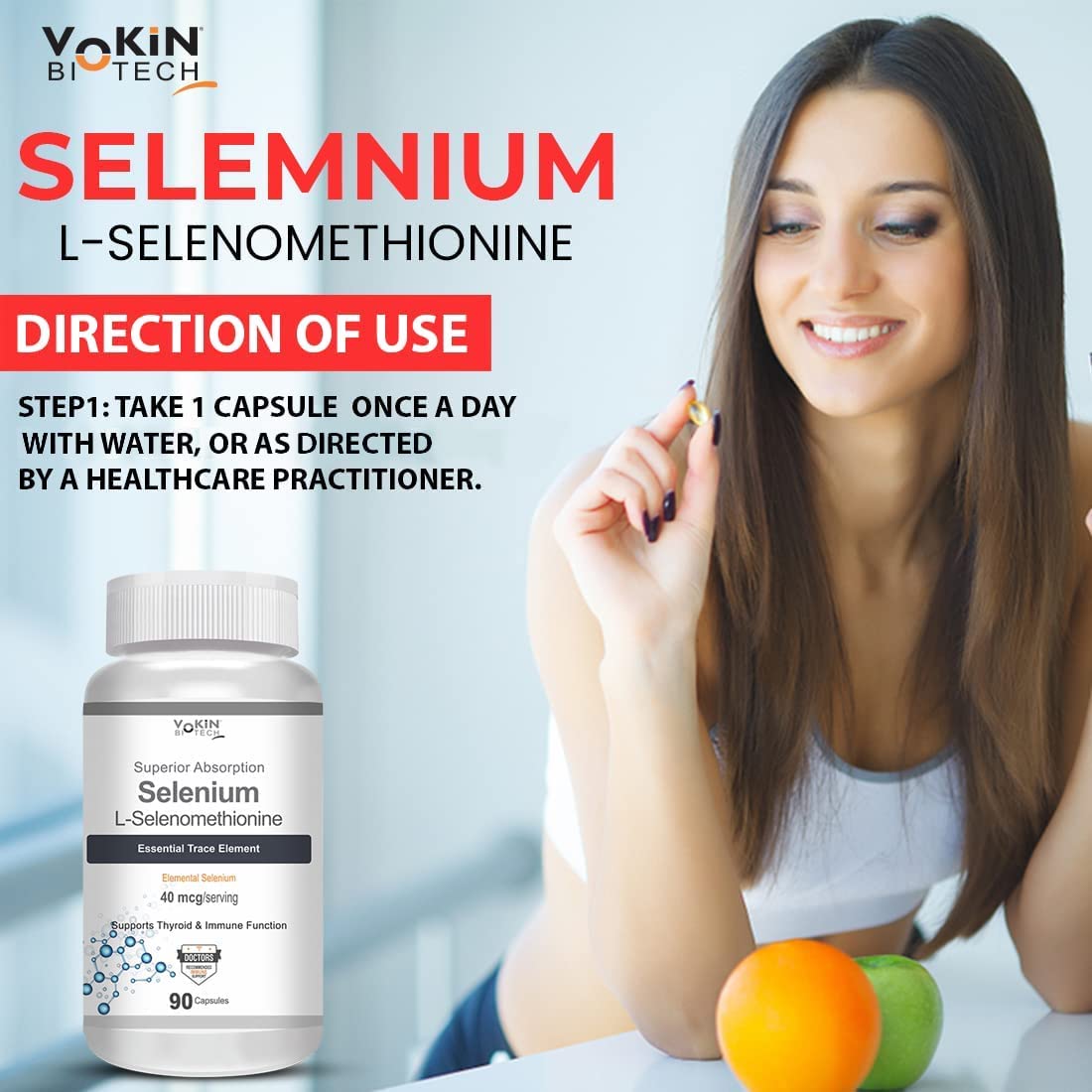 Vokin Biotech Selenium supplement with a woman holding a bottle and fruits on a light background