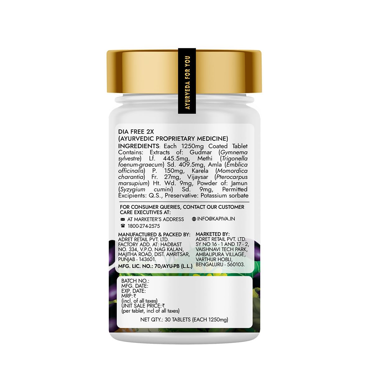 Dia Free 2X Tablets,30 Tablets | Single Dose Daily | Helps Manage Sugar Levels With Karela, Jamun, Gudmar & 3 More | 1 Month Pack