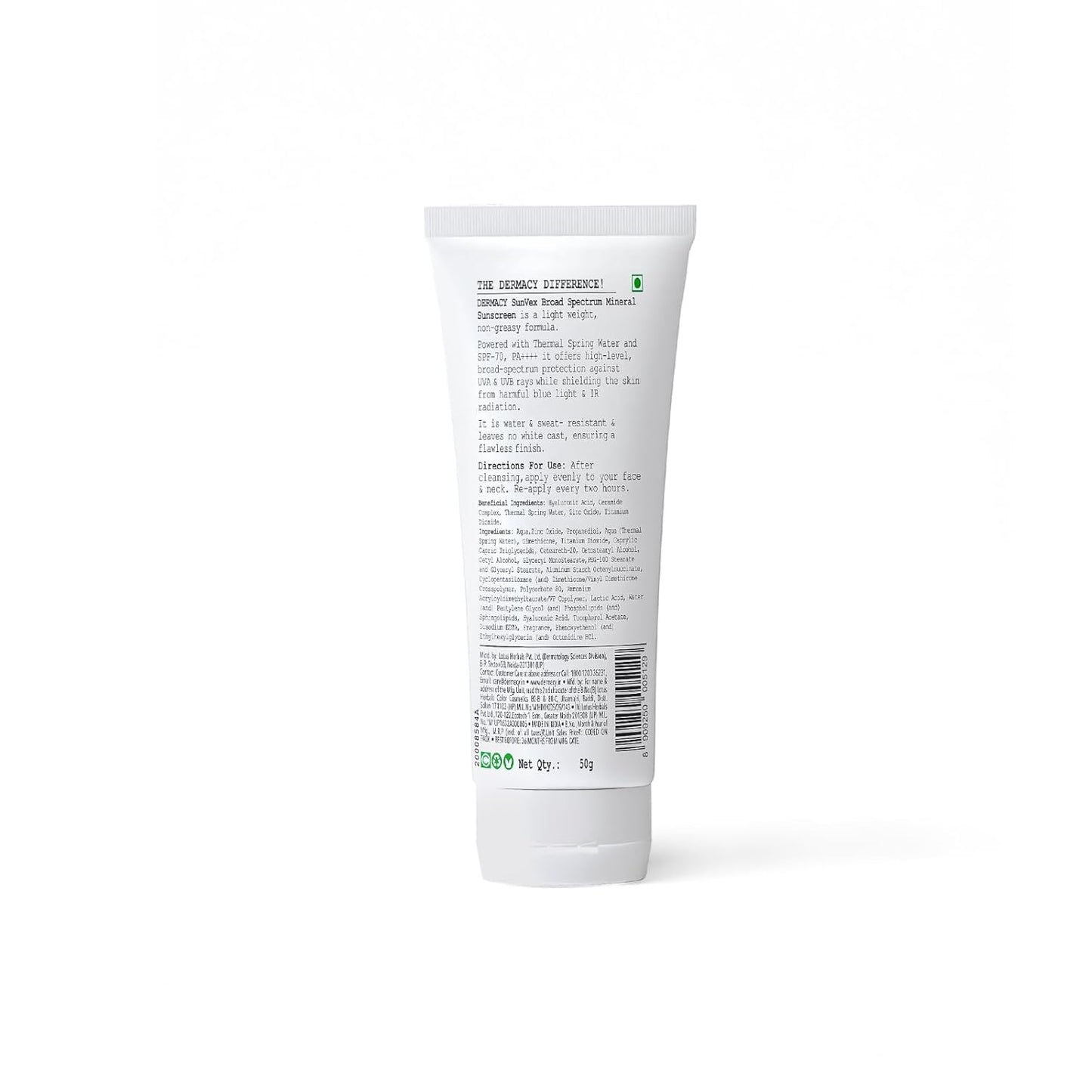 Dermacy Sunvex | Broad - Spectrum Mineral Sunscreen | SPF 70, PA++++ | Effective Coverage From Sun Rays | Suitable For All Skin Types | For Women and Men| 50g