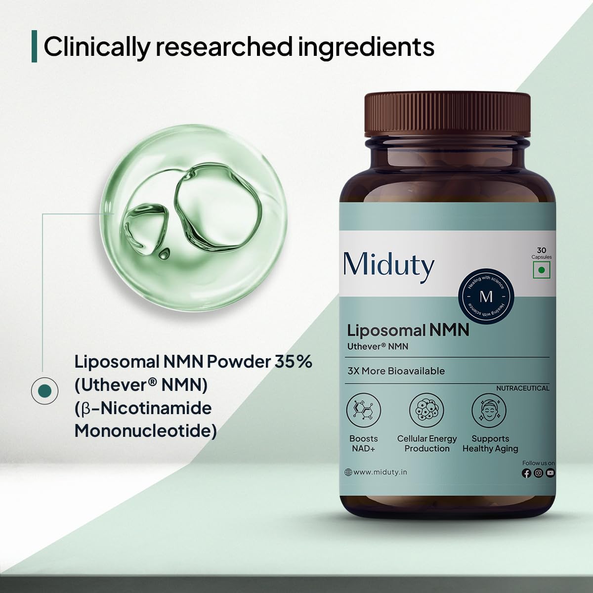 Zephivo Miduty Liposomal NMN Supplement | Increase Energy levels, Metabolism & Longevity | Nicotinamide Mononucleotide for Anti-Aging, NAD+ Support & Cellular Health | NMN Capsules with Resveratrol | 30 Count