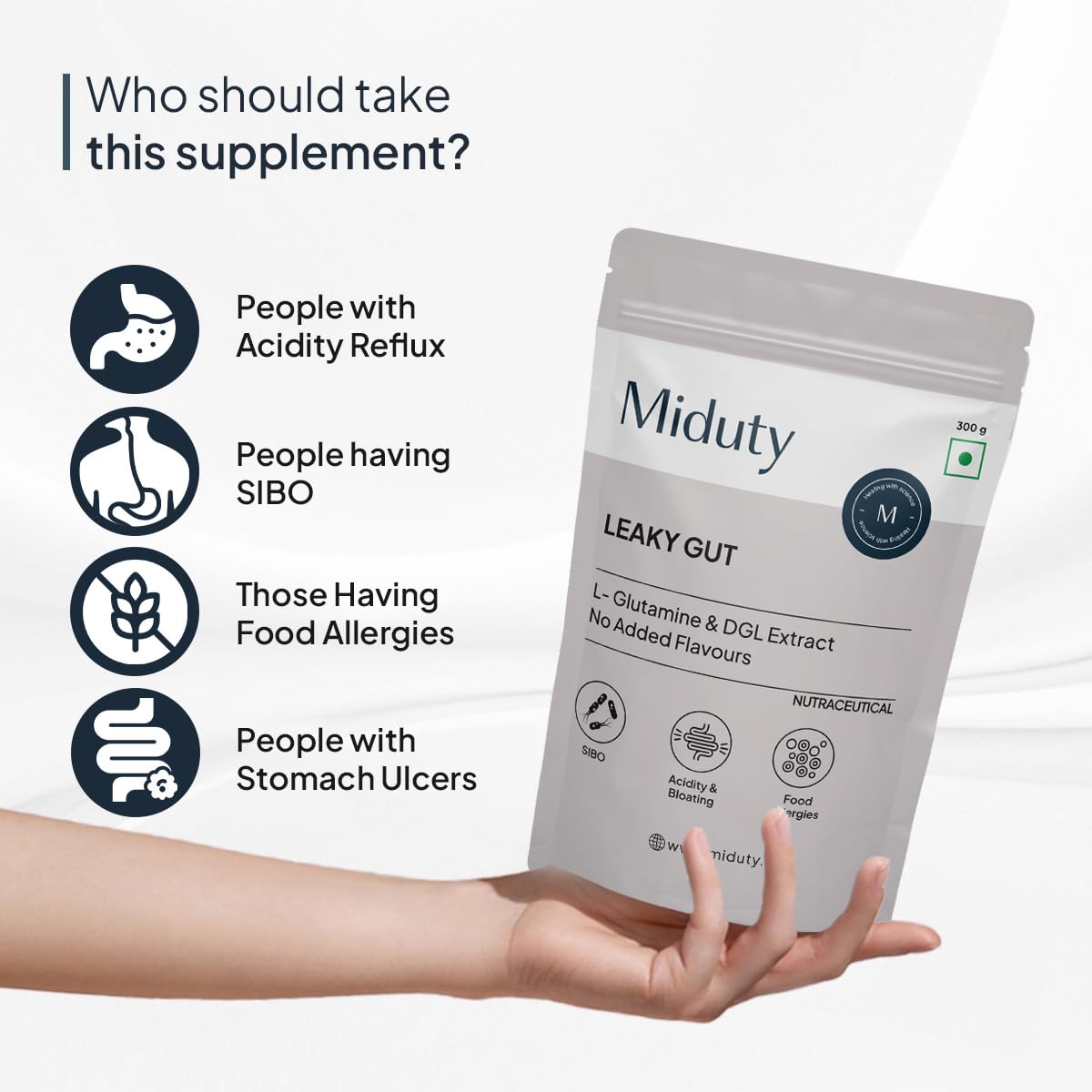 Zephivo Miduty by Palak Notes Leaky Gut Powder - Supports Gastrointestinal lining, Leaky Gut - Helps In Constipation And Heartburn - Advanced Formula with L Glutamine and Aloe Vera Extract - 300 Grams