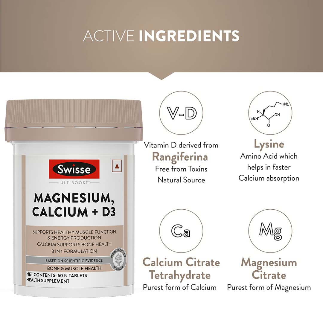 Zephivo Swisse Magnesium, Calcium+D3 Supports Muscle Function, Energy & Bone Health (Manufactured In Australia) - 60 Tablets (1 Tablet Per Serving)