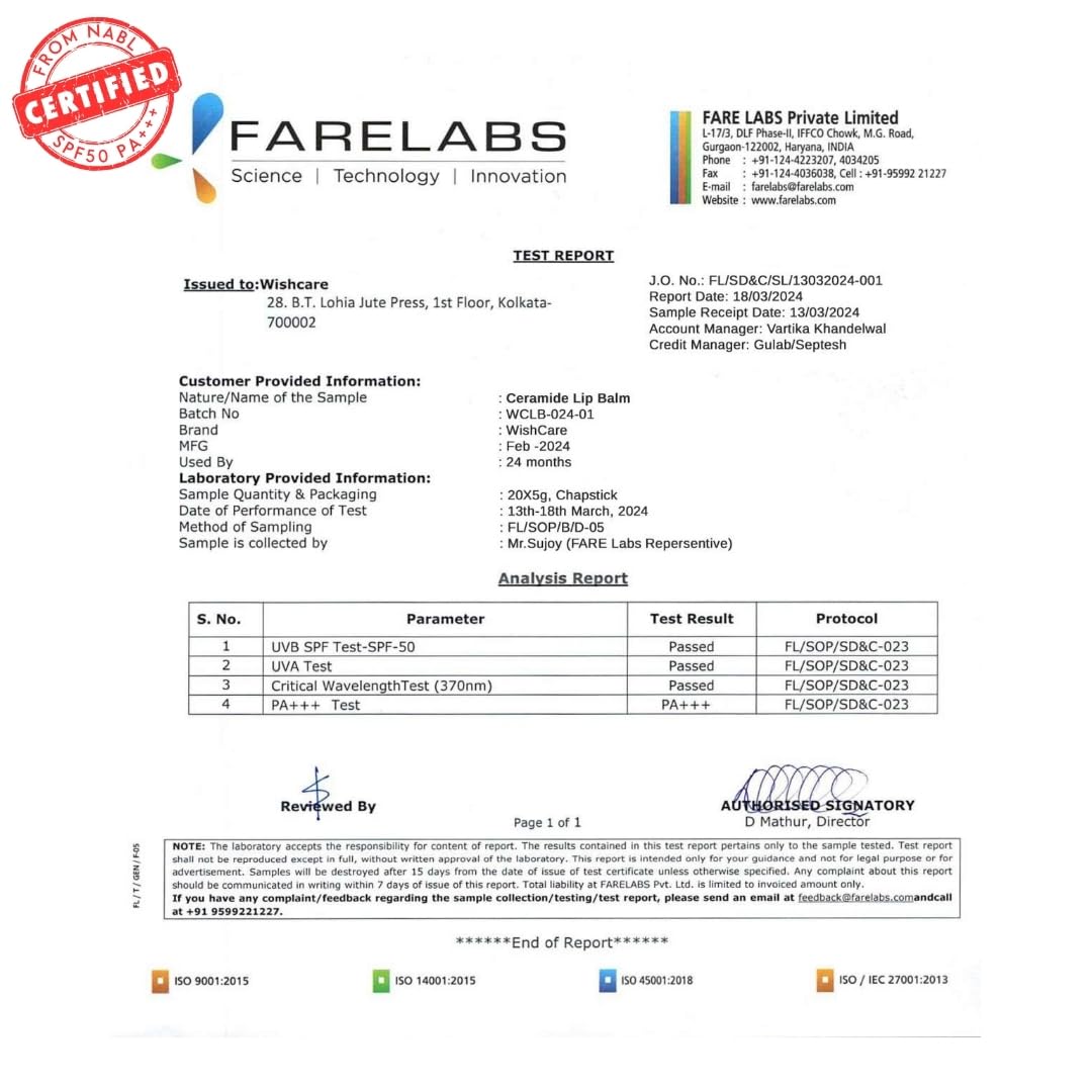 Farelabs test report for a lip balm with certification logo at the top.