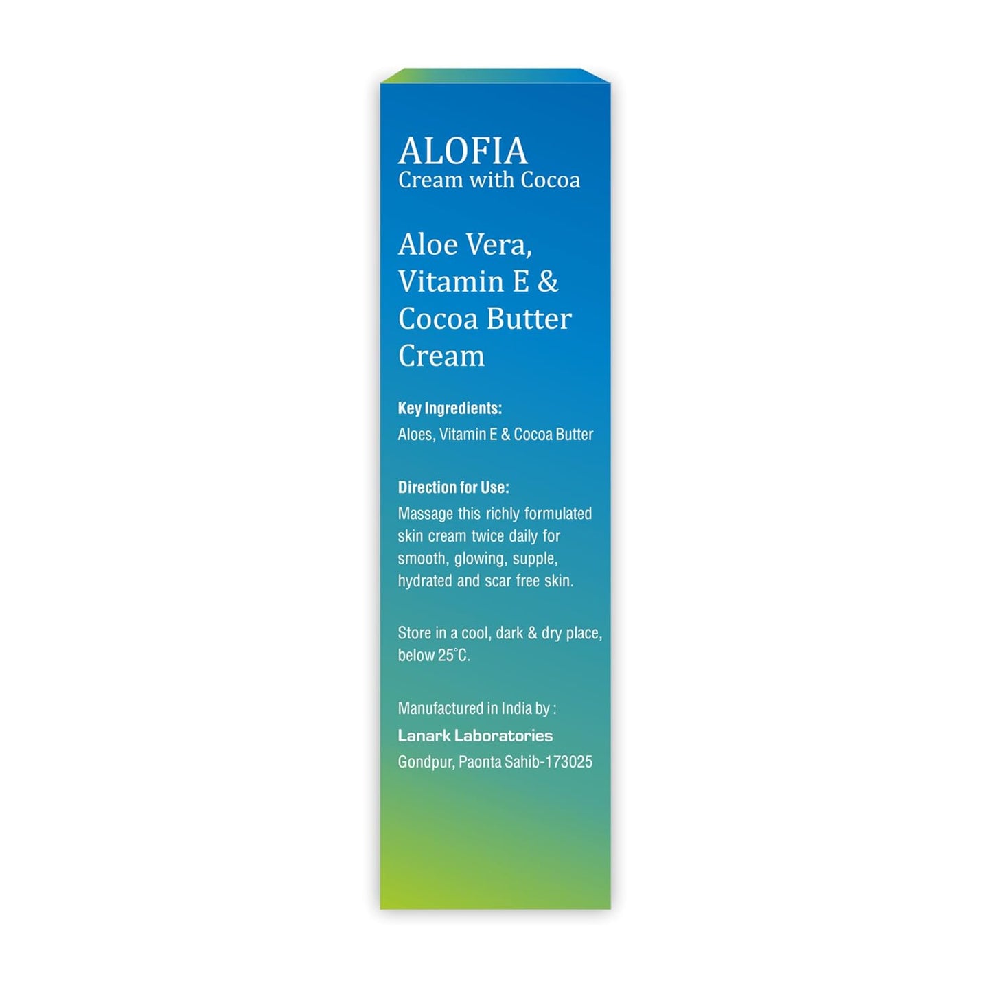 Alofia aloe vera, vitamin E, and cocoa butter cream packaging on a white background