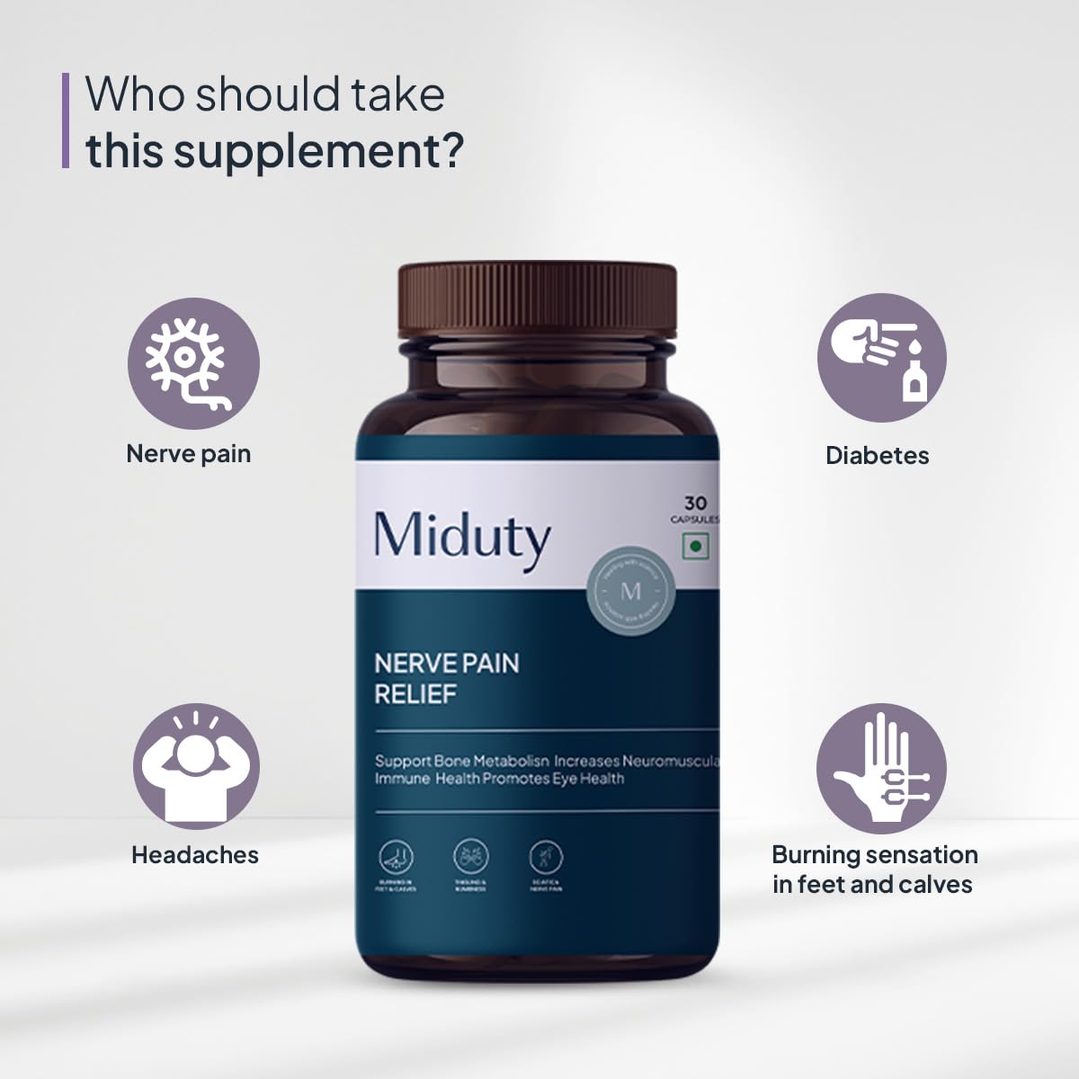 Zephivo Miduty by Palak Notes Nerve Pain Relief Nerve Damage for Nerve Blocks, Acetyl L-Carnitine, R-Lipoic Acid, Horse Chestnut, Combats Sciatica Pain & Tingling Sensation, Nerve Pain Relief Pack - 30 Caps