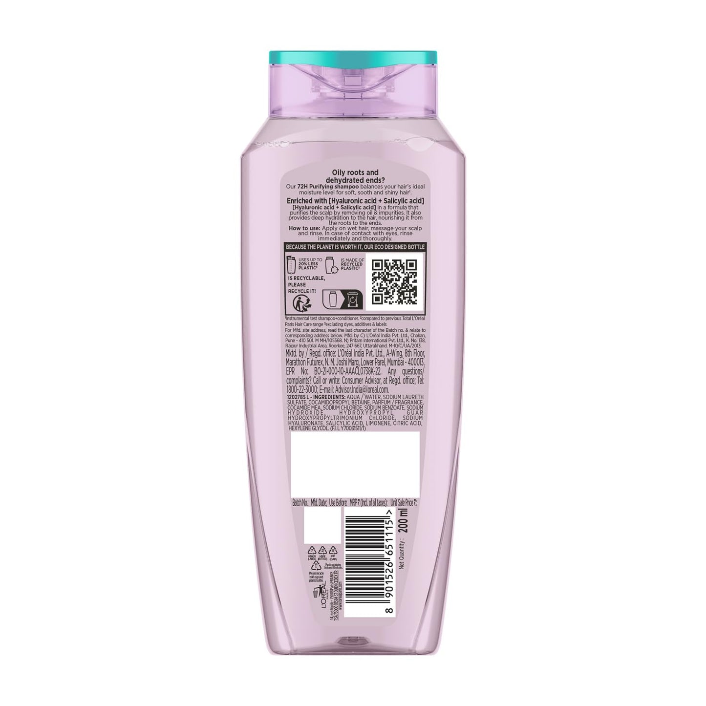 L’Oréal Paris Hyaluron Pure 72H Purifying Shampoo, For oily scalp & dry hair with salicylic and hyaluronic acid, 200 ml