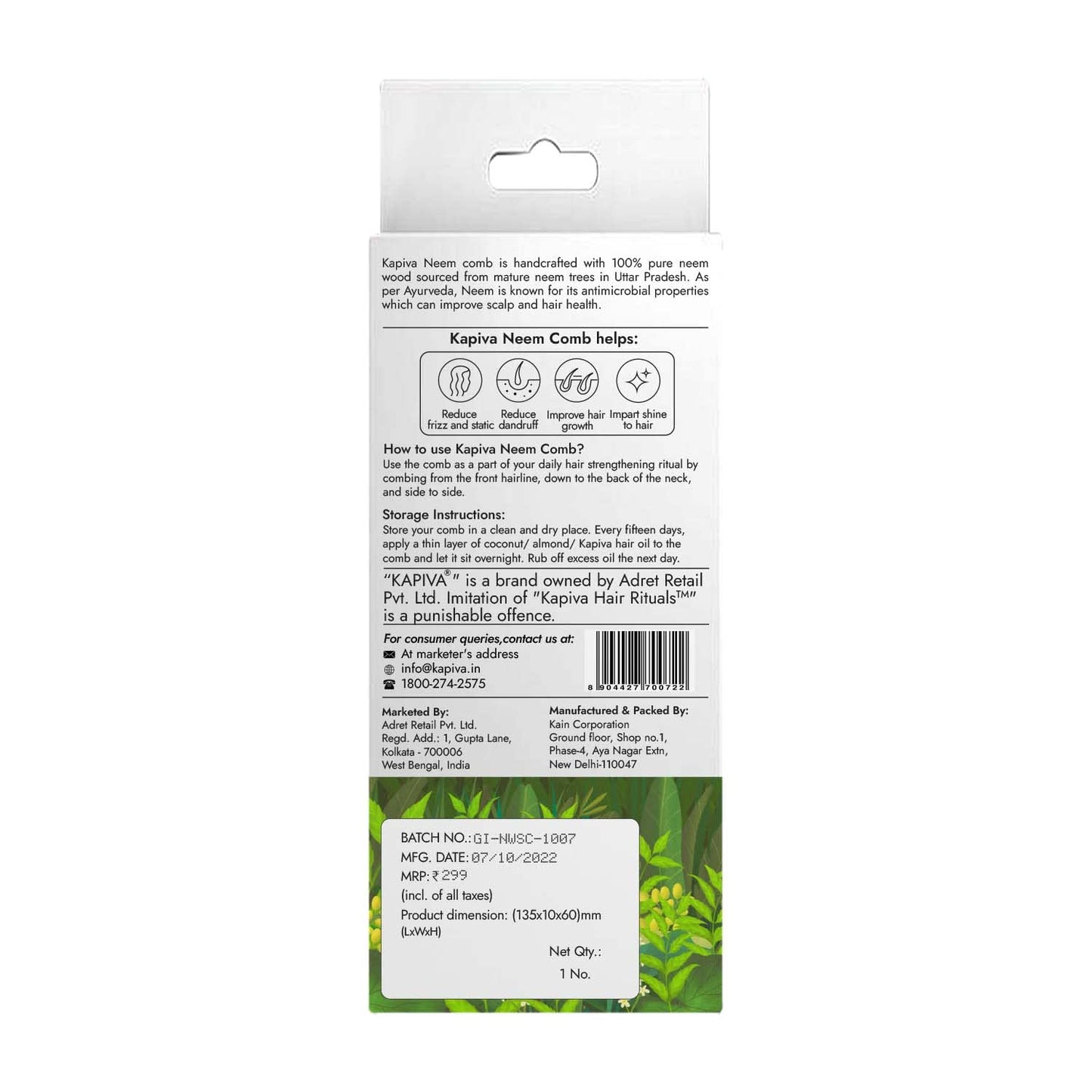 Kapiva Neem Comb | 100% Pure Neem Wood for Men & Women | Hair growth, Dandruff Control