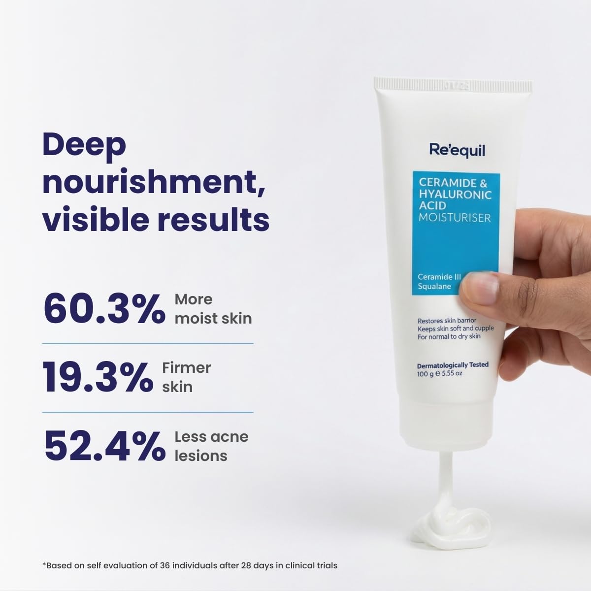 Hand holding a tube of Reequil moisturizer with skincare benefits displayed on a white background
