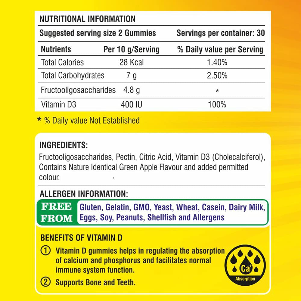 Nutritional information and ingredient label for gummy vitamins on a yellow background