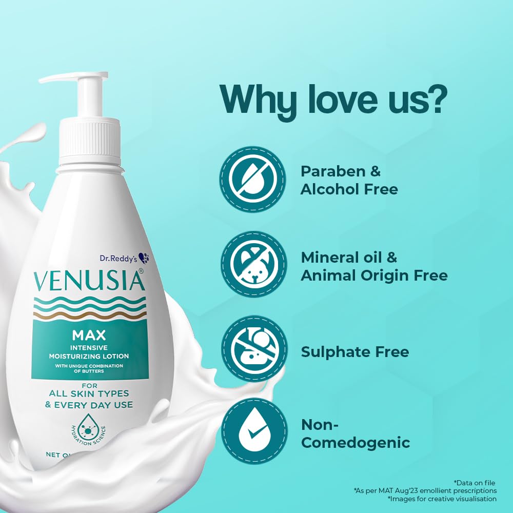 Dr. Reddy's Venusia Max Intensive Moisturizing Lotion | Dermatologist Recommended | Clinically Proven, Long-Lasting Moisturization | For Normal to Very Dry Skin | Cocoa Butter, Shea Butter, Mango Butter and Aloe Butter | 300 g