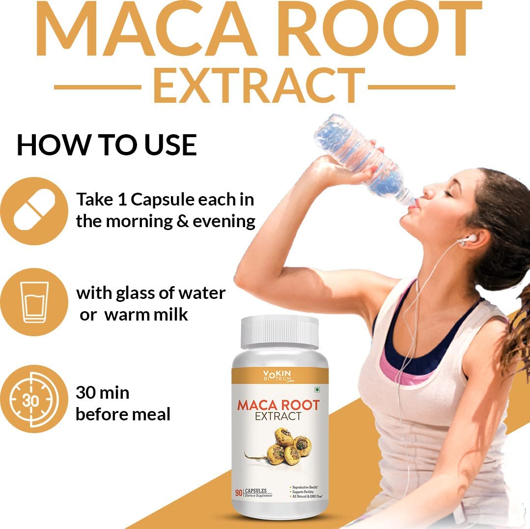 Maca root extract supplement with usage instructions and a woman drinking water.