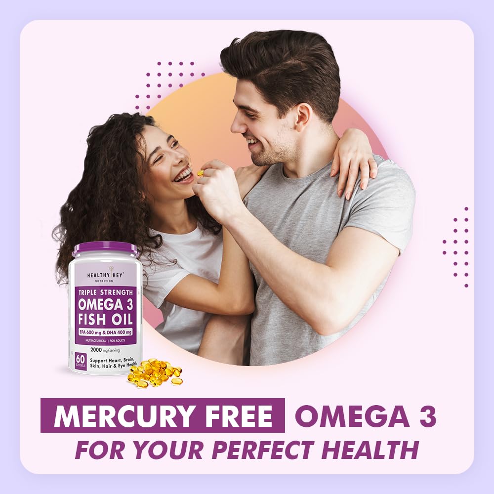 Zephivo HealthyHey Nutrition Fish Oil Omega 3 For Women and Men | Triple Strength Fish Oil | Burpless, EPA 600 - DHA 400 Supplement , 60 Softgel