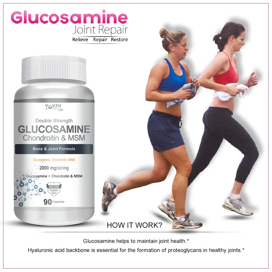 Glucosamine supplement bottle with two women running and text about joint repair.