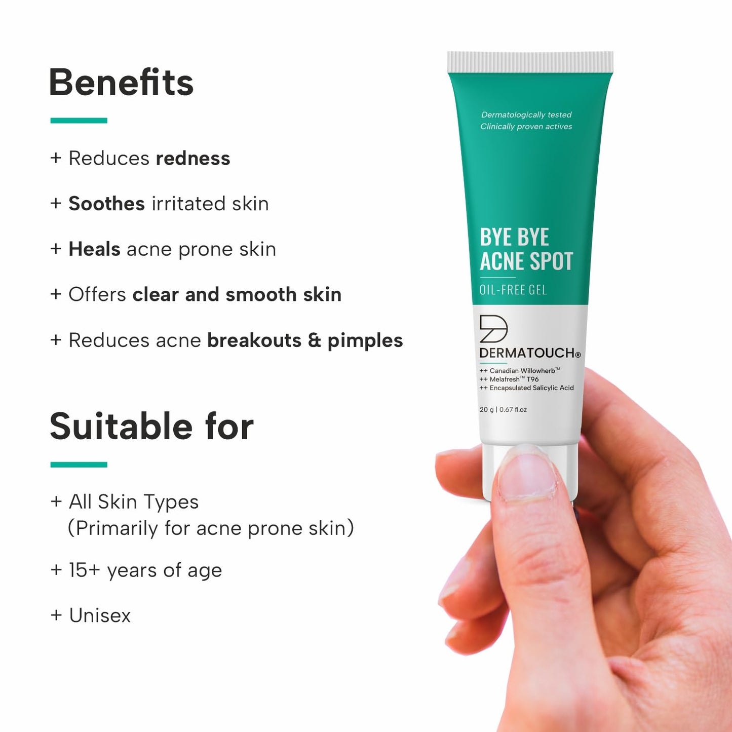 DERMATOUCH Bye Bye Acne Spot Oil-Free Gel | Pimple Removal Gel | Acne-Prone Skin | 20G