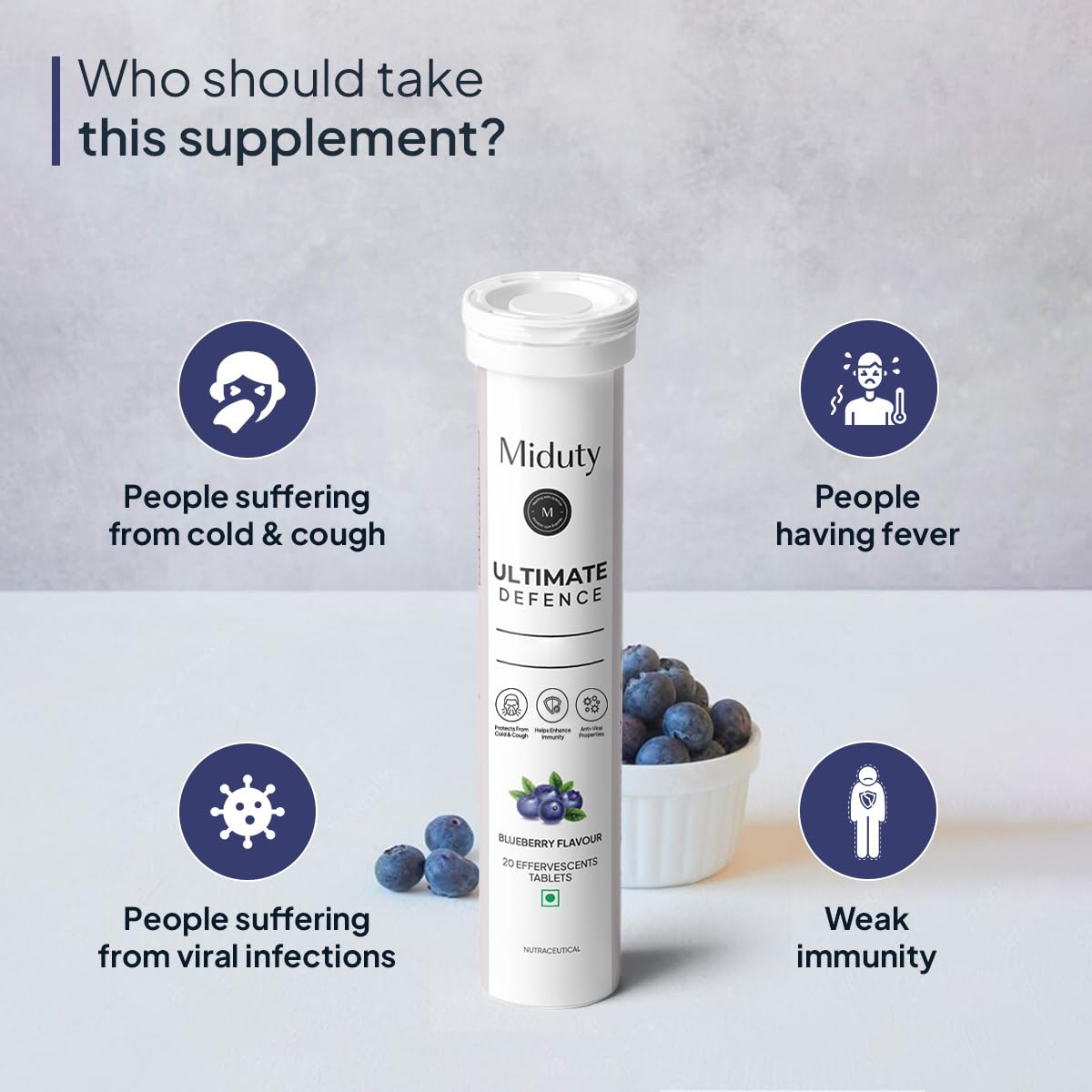 Zephivo Miduty By Palak Notes Ultimate Defence - Amla Extract - Vitamin C - Wheatgrass - Immune Support Booster - Blueberry flavour - 20 effervescent tablets