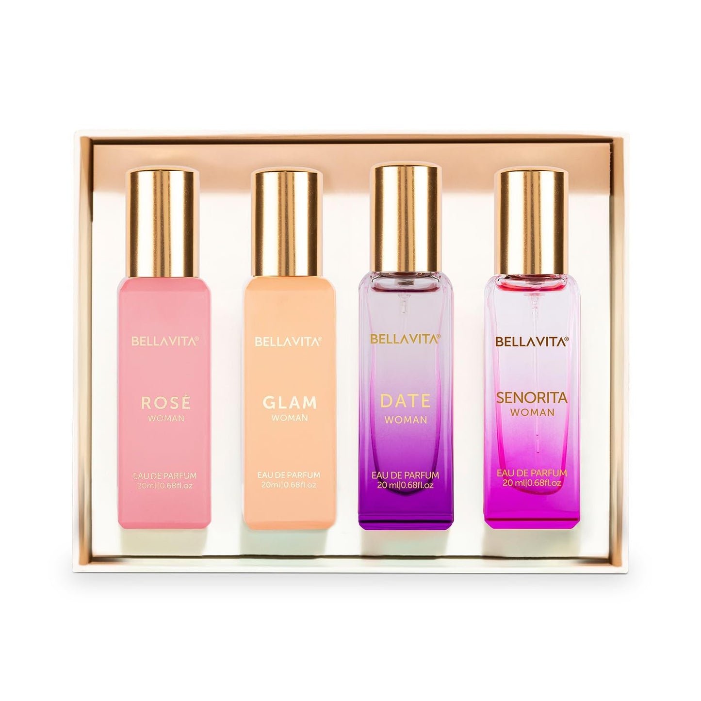 Set of four Bellavita perfume bottles in a box on a white background
