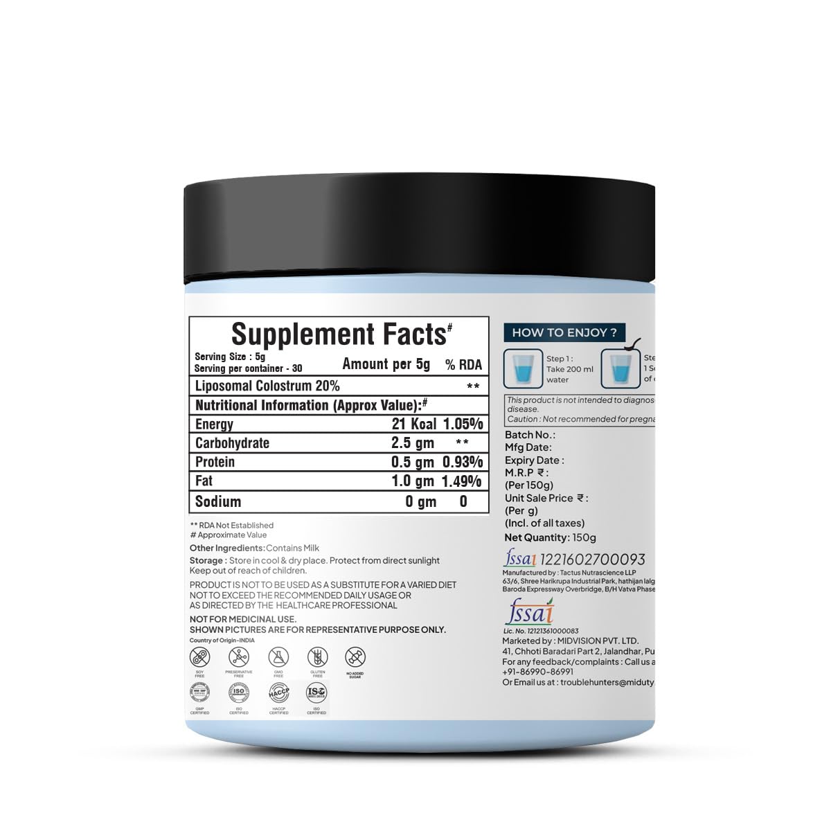 Zephivo Miduty by Palak Notes Liposomal Colostrum - Increase bone and muscle mass - Probiotic Supplement for Gut Health - Muscle Growth - Boosts Immunity - Better Workout recovery - Colostrum Powder - 150 gm