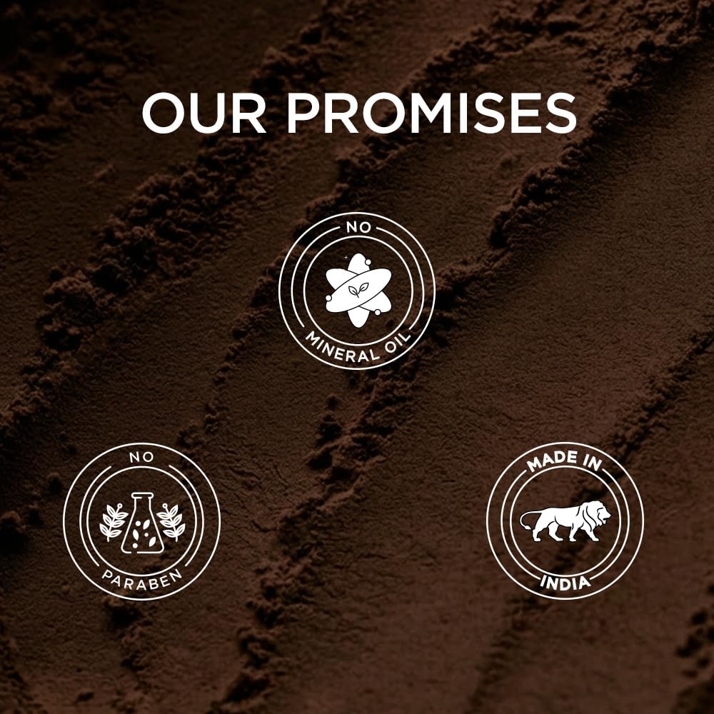 Three circular icons with text on a brown textured background, featuring 'No Mineral Oil', 'Made in India', and 'No Paraben'.