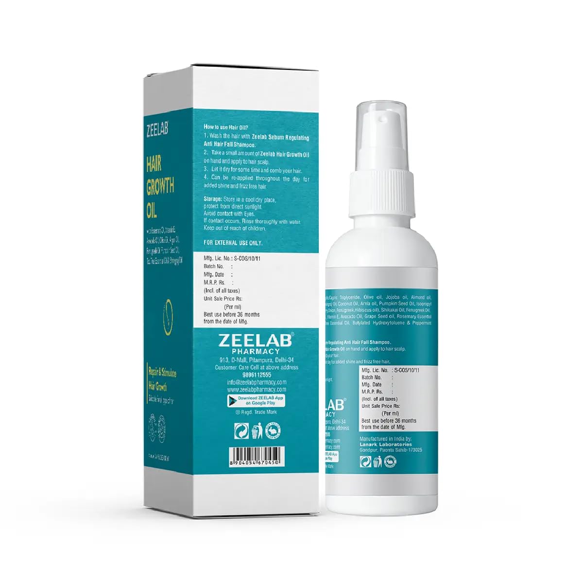 Zeelab hair growth oil packaging and bottle on a white background