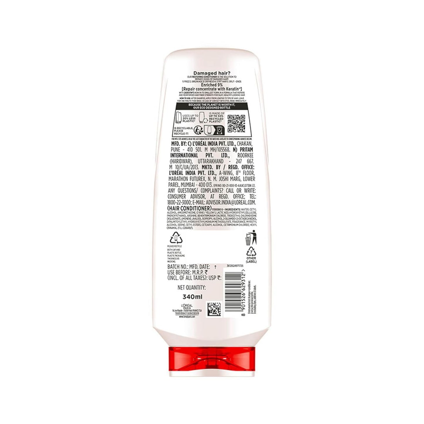 L'Oreal Paris Total Repair 5 Conditioner For Damaged Hair | Powered by Keratin XS Technology| Fights 5 Signs of Hair Damage- Frizz, Breakage, Dryness, Stiff Hair, and Split ends | 340 ml