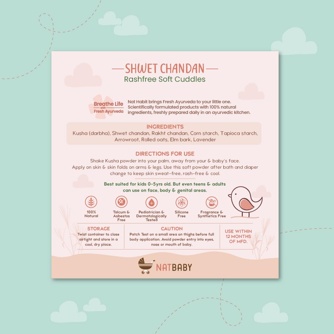 Nat Habit Shwet Chandan Kusha Baby Powder | Talc-Free, Rash-Free Dusting Powder for Newborns & Kids (0 to 5 Yrs) | Cornstarch Baby Powder for Summer, Face & Body | Ayurvedic Baby Puff Powder 150g
