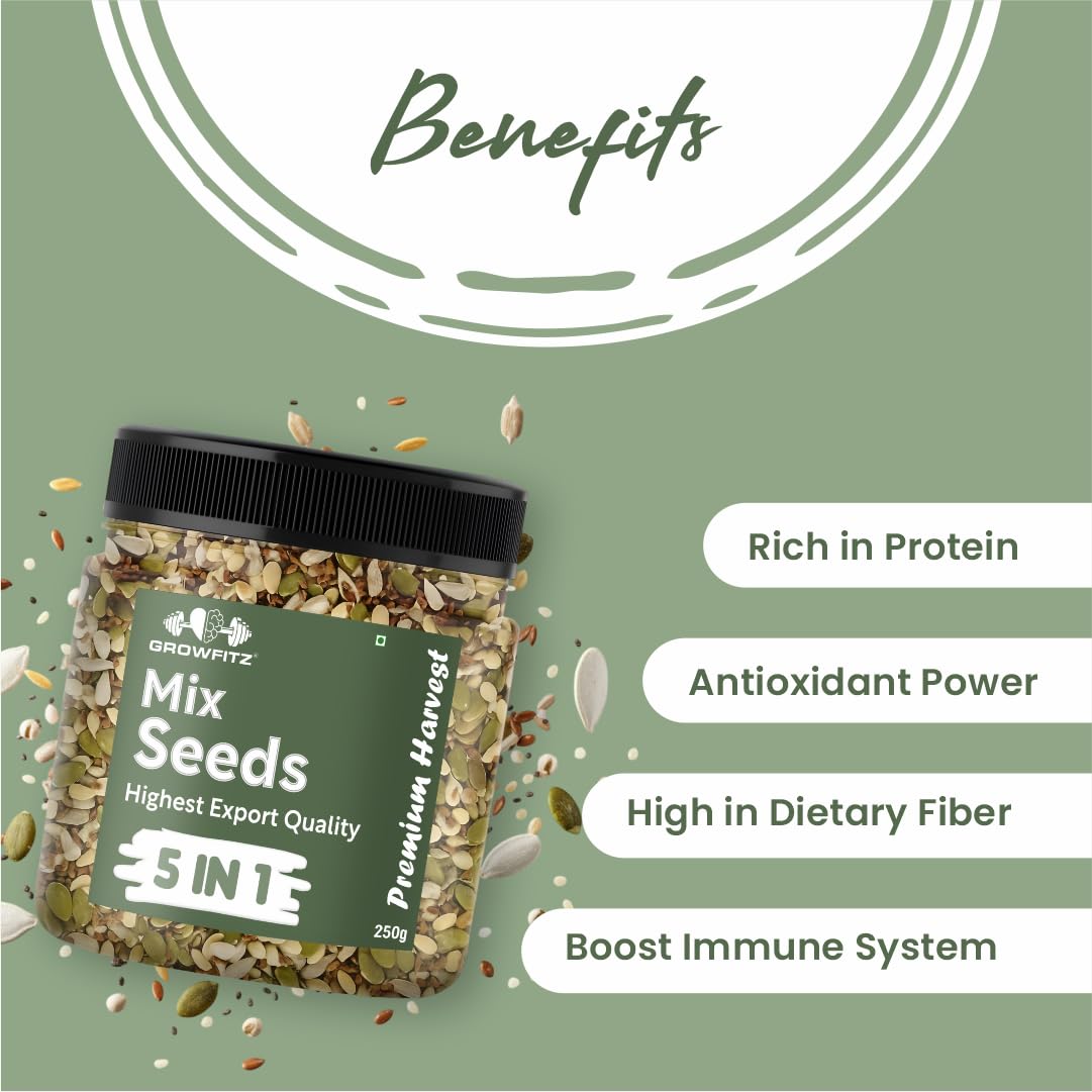 Growfitz 5 -in-1 Super Seed Mix | 250g | 20.5g High Protein & Fiber | Roasted Pumpkin, Sunflower, Flax, Chia, Soy Nuts & Sesame | Healthy Snack | Export Quality Superfood