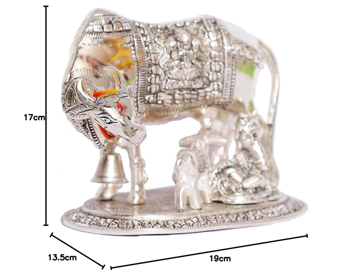KridayKraft Kamdhenu Cow & Calf with Bal Gopal Krishna Metal Statue Vastu Idol for Good Luck, Wealth & Prosperity, Feng Shui Showpiece for Home, Office & Housewarming Gift (Silver)
