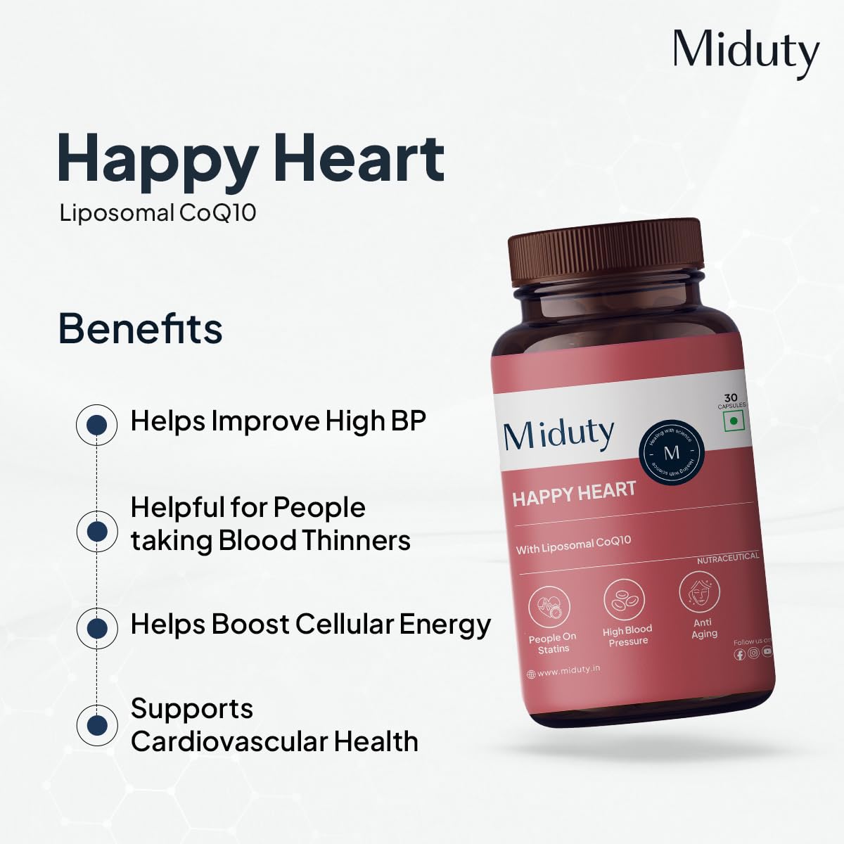 Zephivo Miduty by Palak Notes Happy Heart - Liposomal CoQ10 - Heart Health Supplement - Methyl Folate - D-Chiro-Inositol - Blood Pressure Control, Healthy Skin, Heart Health & Kidney Health - 30 Capsules
