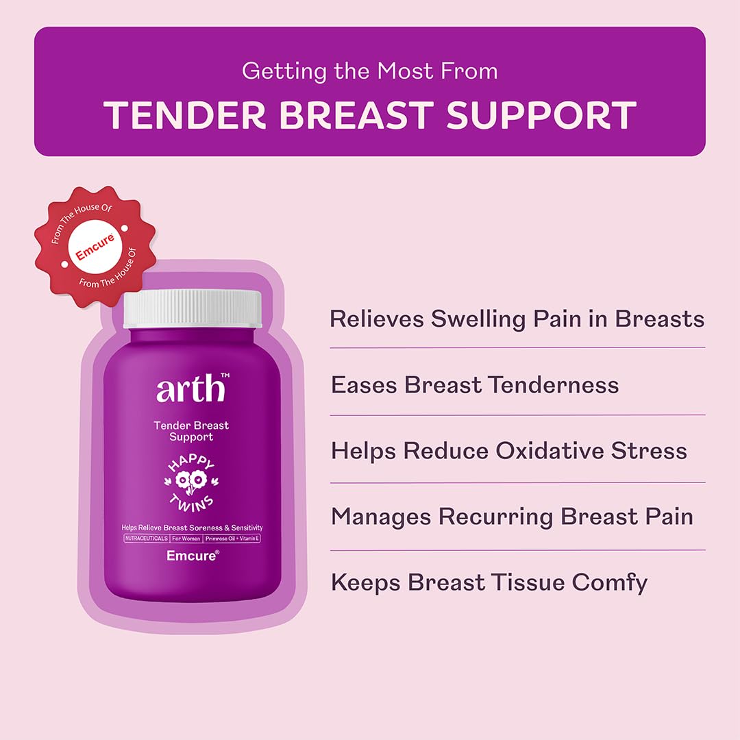 Arth Tender Breast Support, 1000mg Breast Care Capsules | Natural Relief for Breast Discomfort (during hormonal changes) | Helps in breast soreness and sensitivity | Formulated with Evening Primrose Oil, Vitamin E, and Vitamin B6 | 60 Veg Capsules