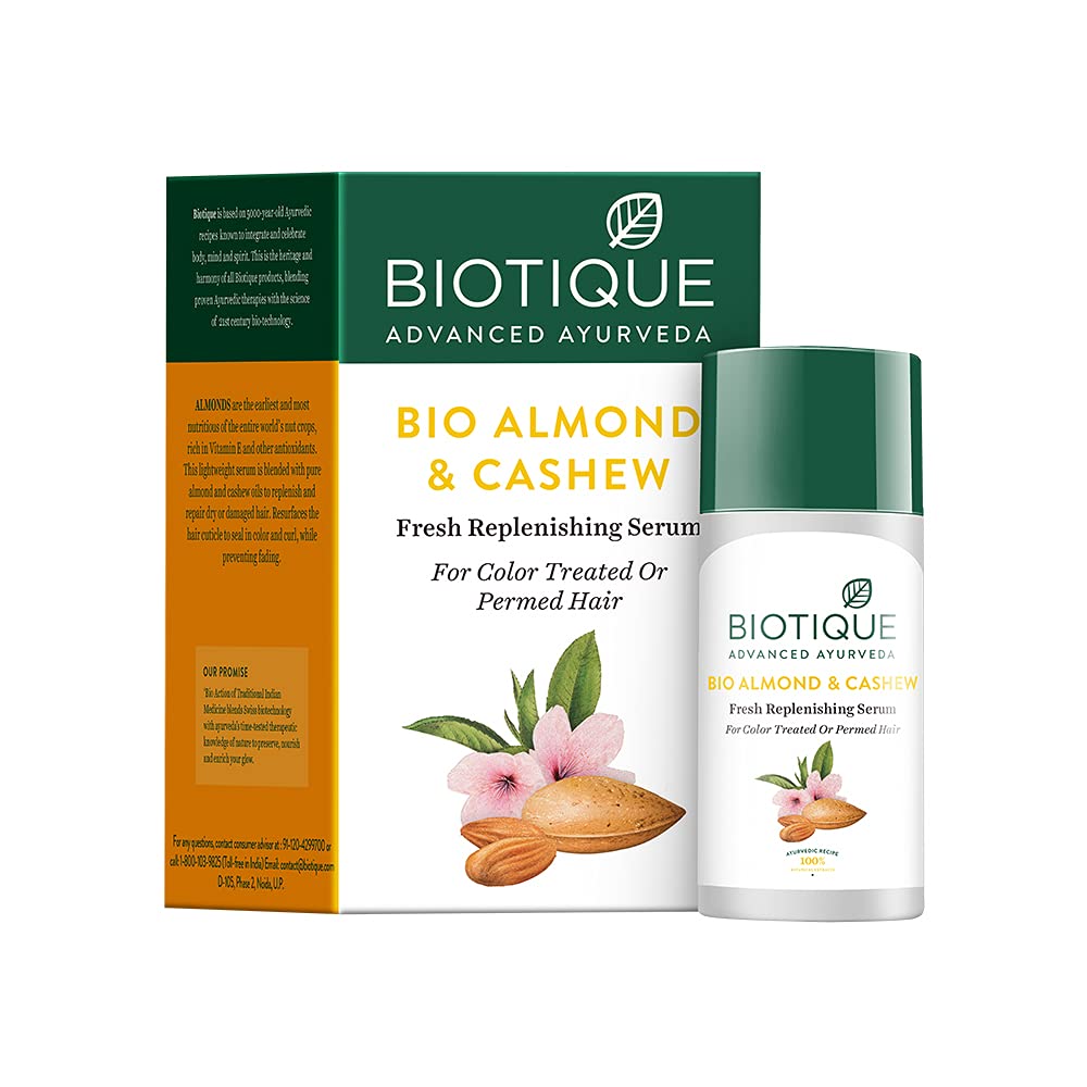 Biotique Bio Almond & Cashew serum packaging on a white background