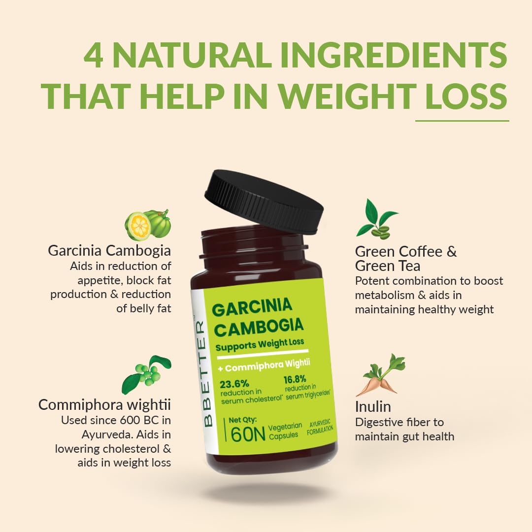 BBETTER Garcinia Cambogia For Weight Loss Capsules For Women And Men - With Green Coffee Green Tea Guggulu Extract & Inulin - Keto supplement- 60 Veg capsules