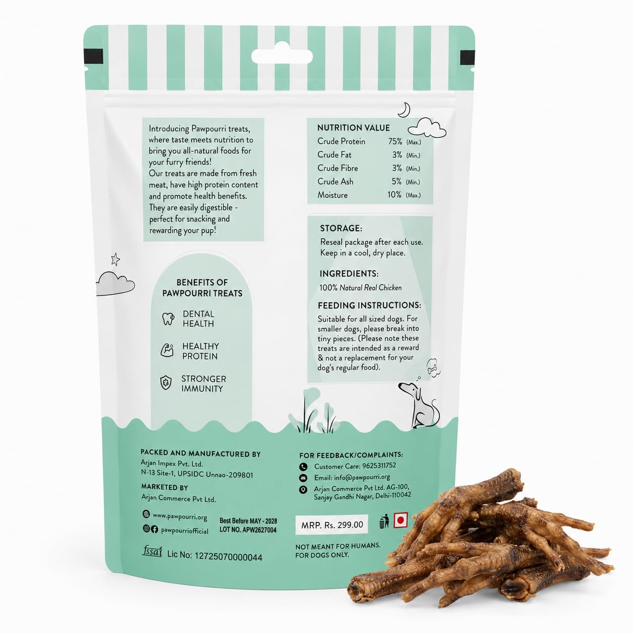PAWPOURRI Natural Chicken Feet Dog Treats, 100gm | Protein Rich Chewy Snacks for Dogs | Suitable for All Breeds & Life Stages | Daily Training & Reward Treats (Pack of 1)