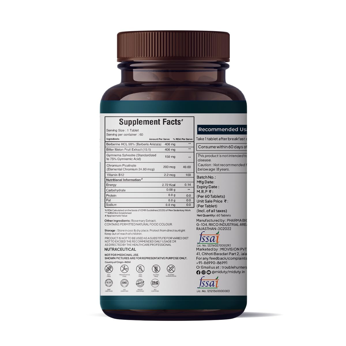 Zephivo Miduty by Palak Notes Berberine HCL Triple Benefits of Blood Sugar Control, Vitamins, Minerals - Diabetic and Pre-Diabetic Care - Stop Sugar Cravings - Lower Blood Sugar levels - 60 Tablets