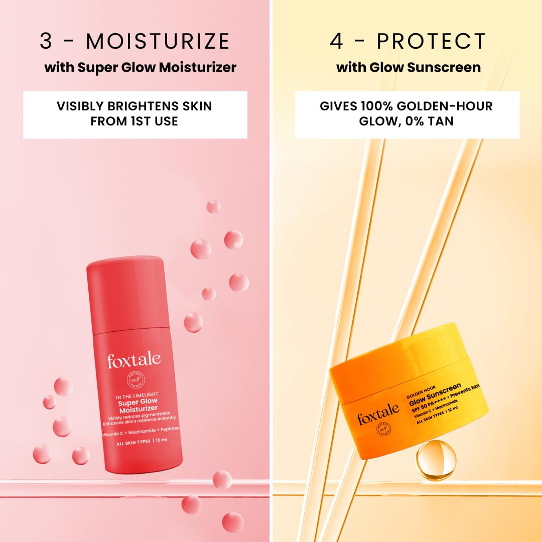 Foxtale On the Glow Travel Kit | Vitamin C, Niacinamide & Peptides | Brightening & Hydrating Skincare Set | For Glowing Skin | Travel Pouch Included | Pack of 4 | Travel & Pocket Friendly | Gift for Birthday and Anniversary