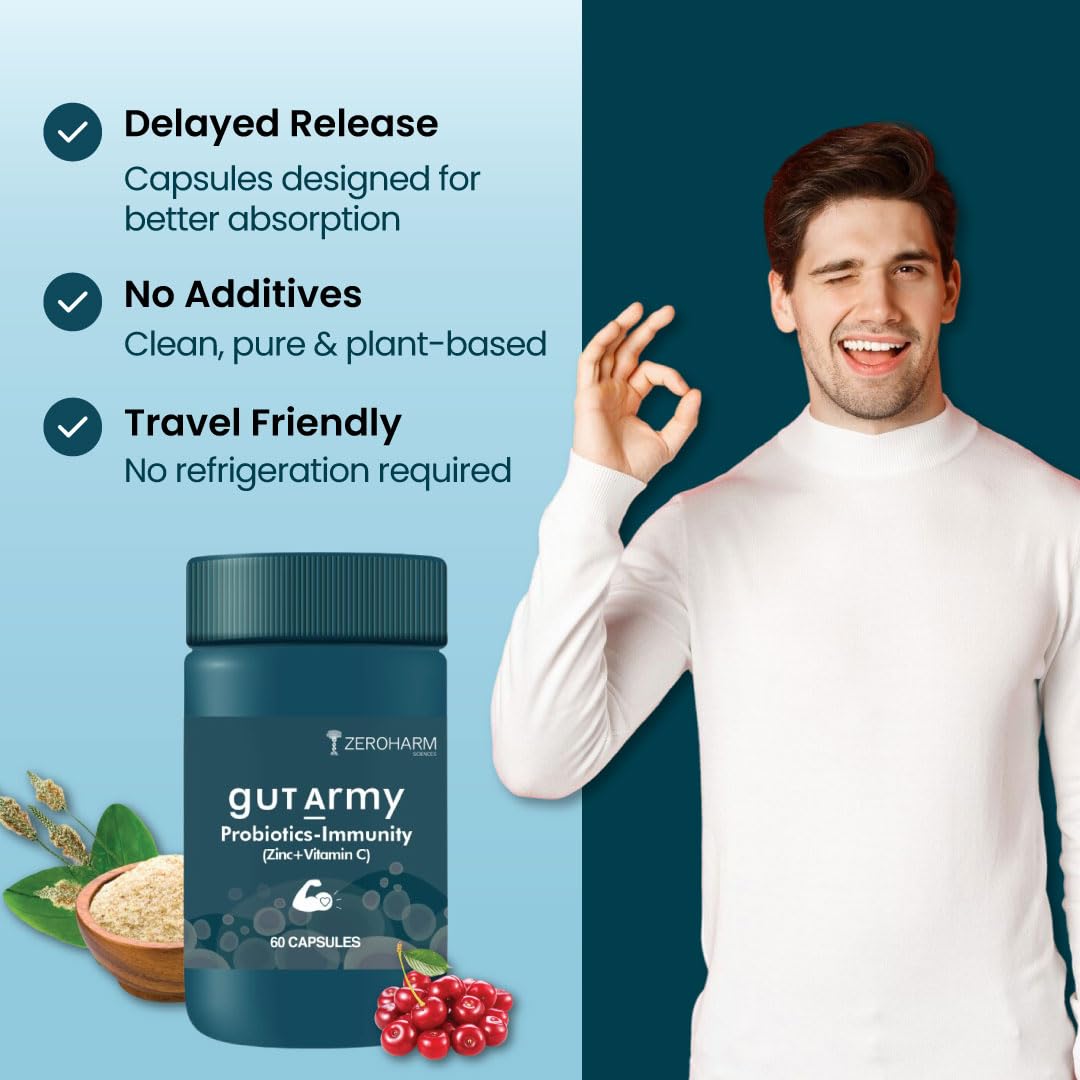 ZEROHARM Gut Army Probiotics & Prebiotics | Psyllium Husk, Lactobacillus Acidophilus, Vitamin C & Zinc | Immunity and Gut Health Supplement | Promotes Natural Gut Health & Digestion | 60 Veg Capsules
