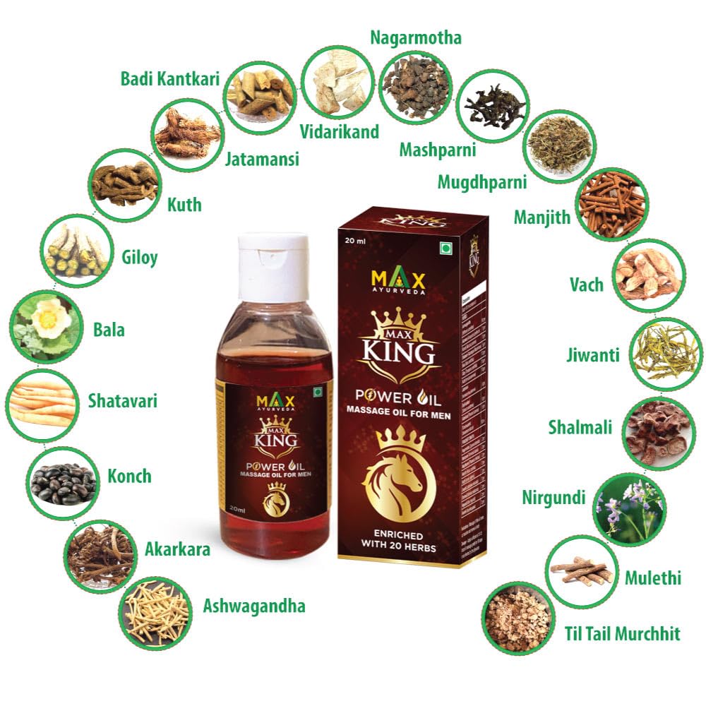Max Ayurveda Musli Premium Capsules & King Power Ayurvedic Herbal Massage Oil For Men - Combo Pack (30 Capsules + 1 Oil Bottle)