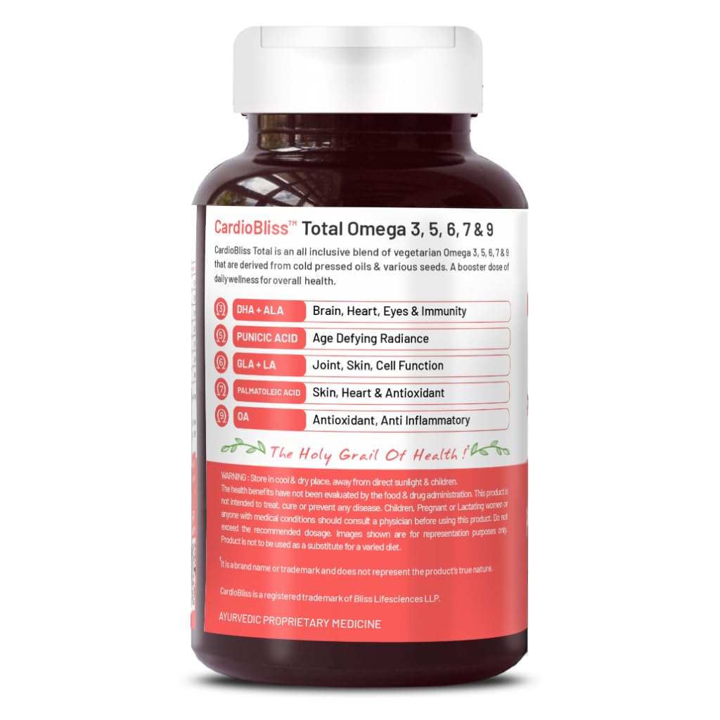 Bliss Welness Veg Omega 3 5 6 7 9 Supplement | Plant Based Algal (DHA), Flaxseed Oil (ALA), Pomegranate Seed, Sea Buckthorn, Borage (GLA), Rosemary Extract, Sunflower Extract & No Fish Oil 60 Vegan Softgel Capsules