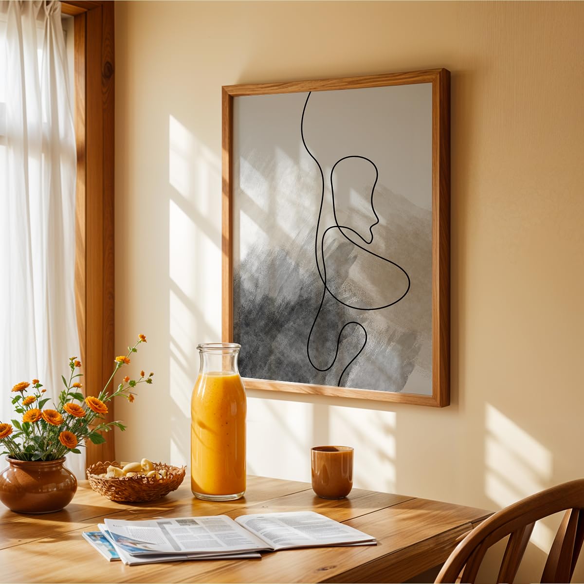 Abstract Line Art Wall Painting with Frame Set of 1 | Minimalist Woman Face Sketch Artwork, Modern Grey Black Aesthetic Wall Decor for Living Room, Bedroom, Office and Home Decoration (3D Art-3,13x19inch)