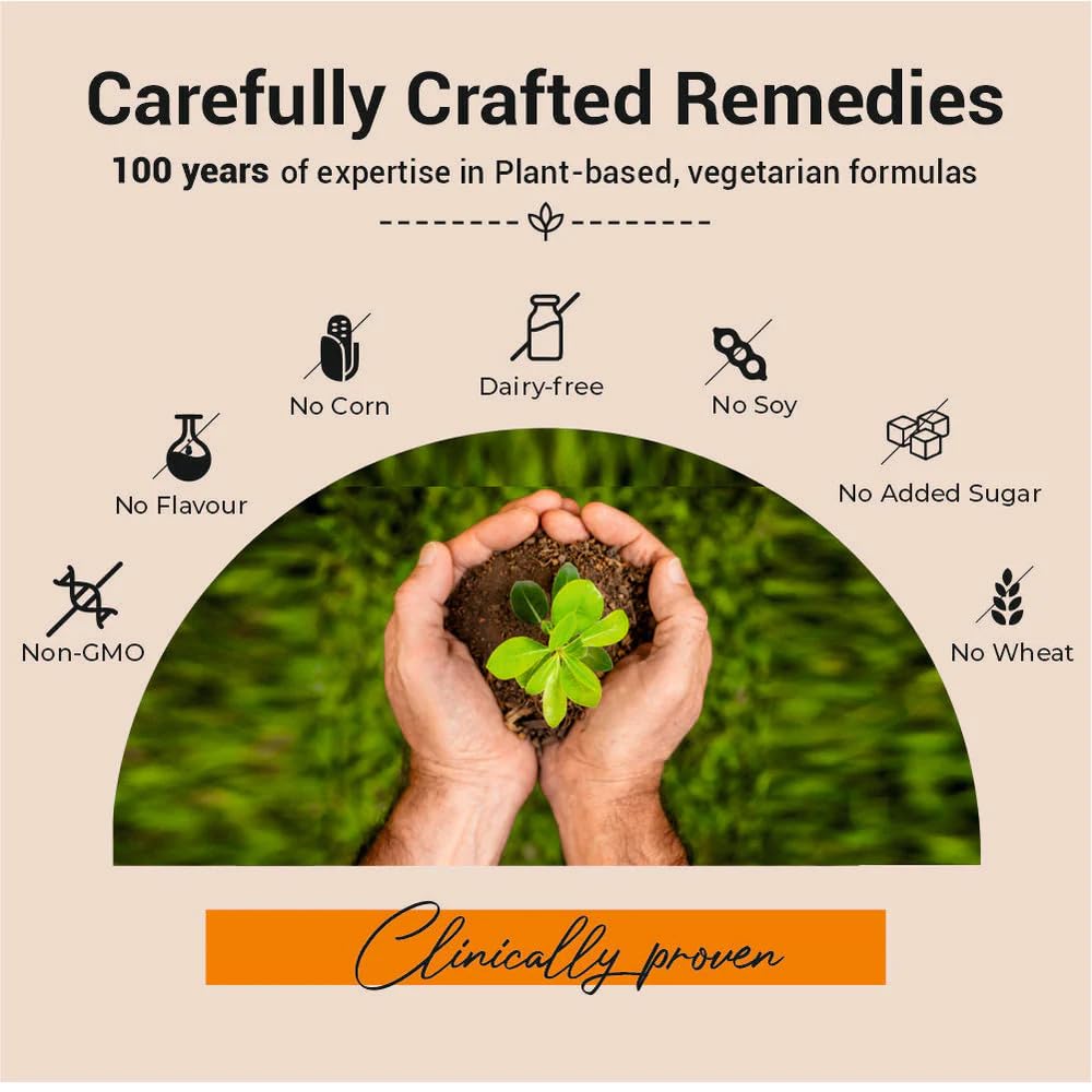 Advertisement for 'Carefully Crafted Remedies' with hands holding a plant, icons, and text about plant-based formulas.