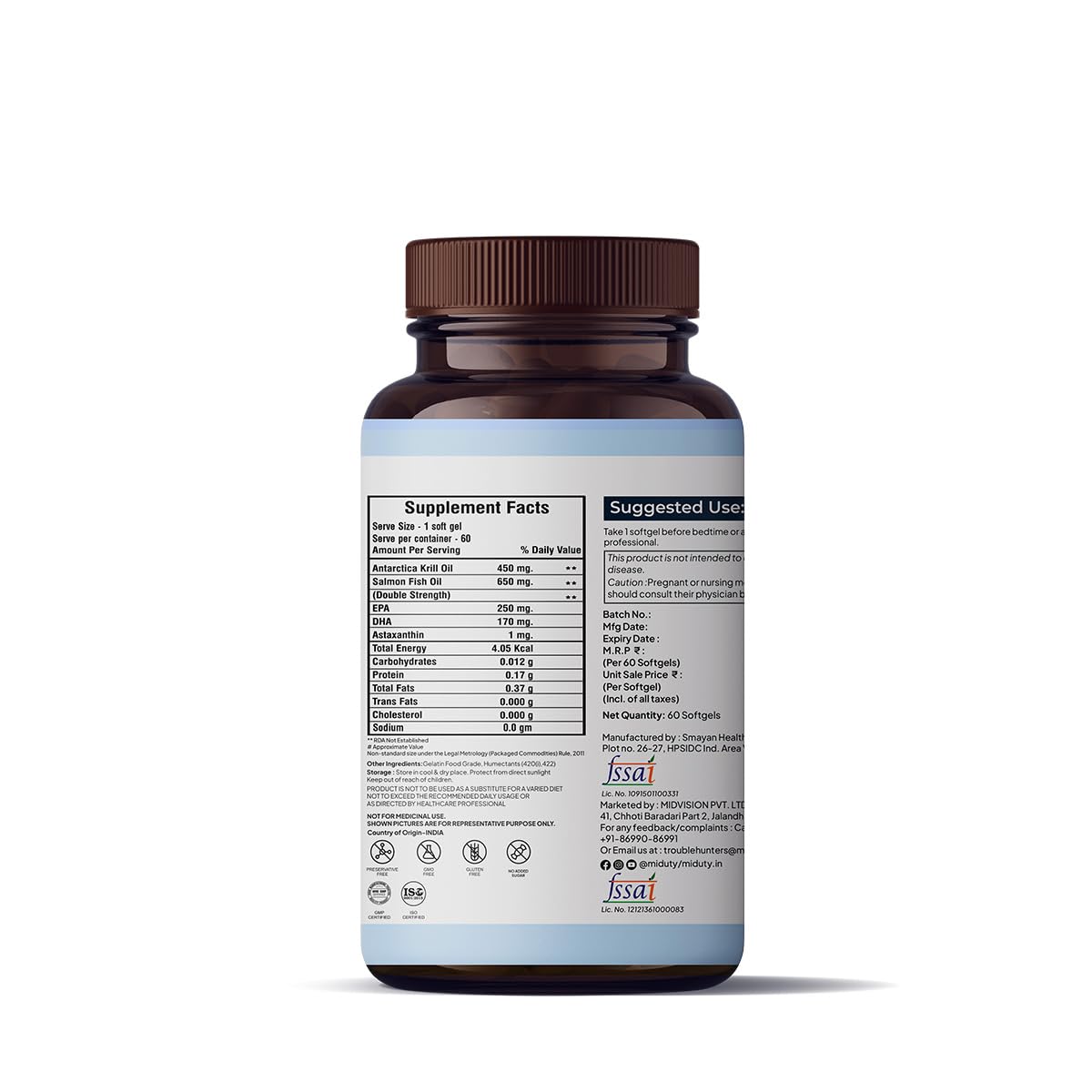 Zephivo Miduty Palak Notes Antarctic Fish Krill Oil - Triple Strength Omega 3 Capsule With Astaxanthin- Antioxidant - EPA & DHA - For Joints - Heart - Liver Krill Omega 3 Supplement 60 Softgel