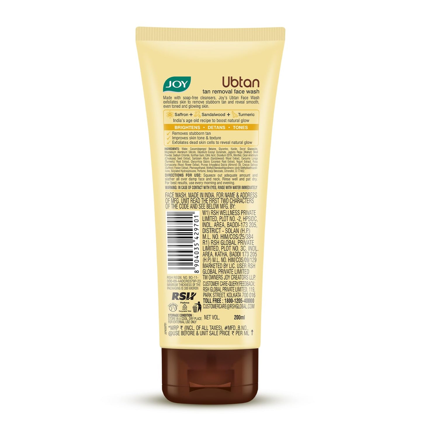 Ubtan tan removal face wash tube with 'JOY' branding on a white background