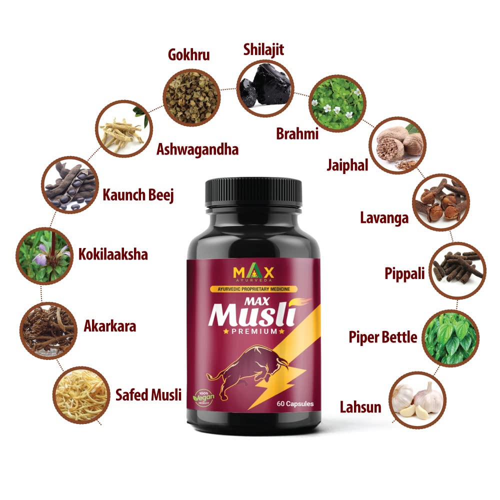 Max Ayurveda Musli Premium Capsules & King Power Ayurvedic Herbal Massage Oil For Men - Combo Pack (30 Capsules + 1 Oil Bottle)