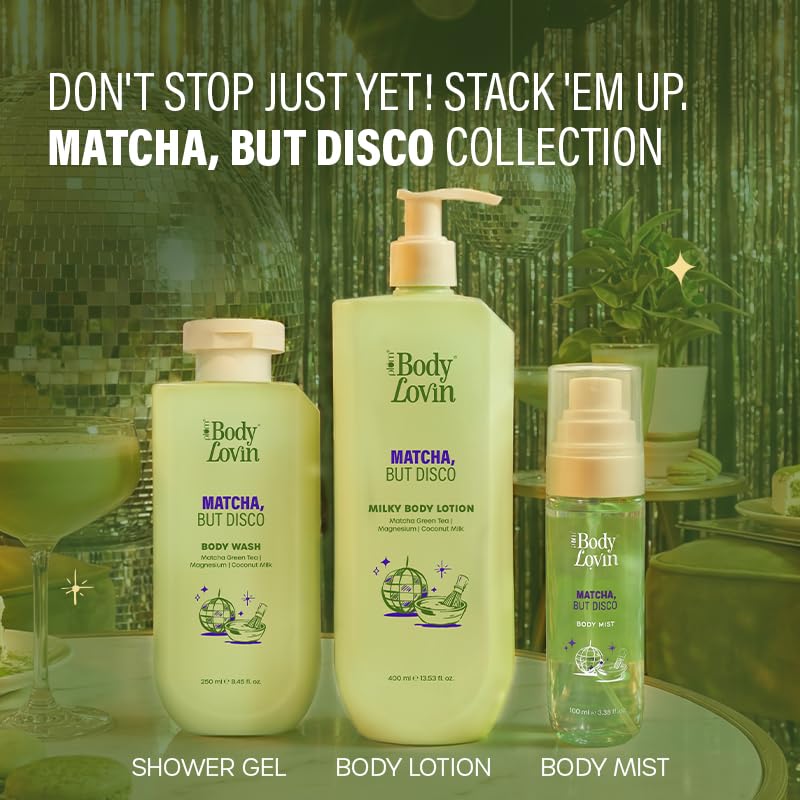 Plum BodyLovin’ Matcha, But Disco Body Wash | Calming & Smoothening Shower Gel | Match Green Tea, Magnesium & Coconut Milk | Lactonic Matcha Fragrance | 250 ml