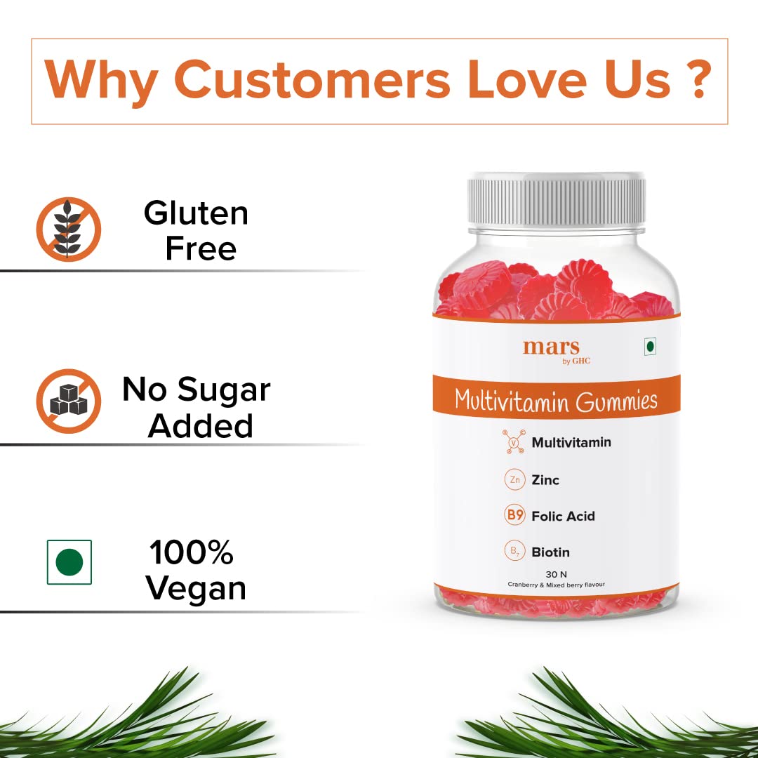 Mars by GHC Multivitamin Gummies - 100% Vegan, 30 Gummies (Pack of 1) | Folic Acid - Supports Biotin, Controls Hair Fall, Enhances Nourishment | Promotes Healthy Skin & Improves Scalp Conditions