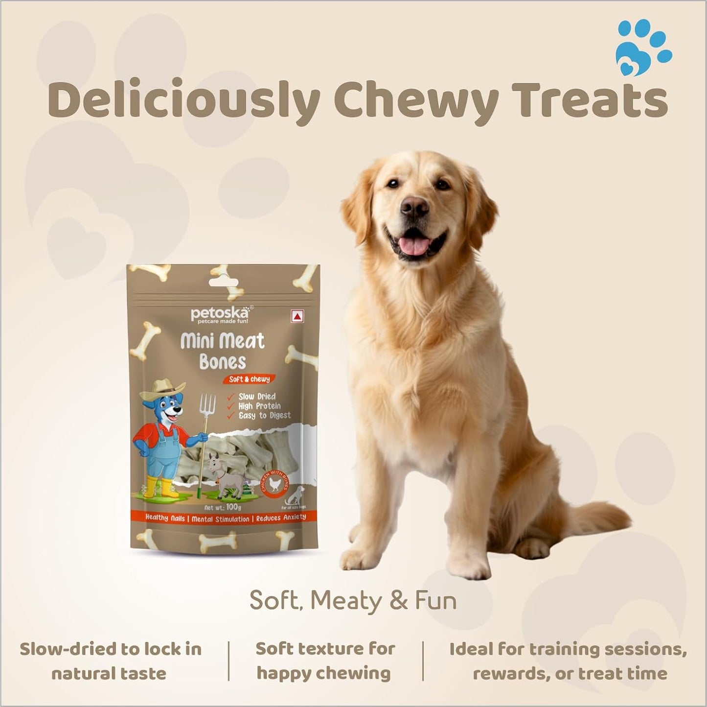 Petoska Mini Meat Bones - 100gms | High-Protein | Real Chicken Meat | Soft Chew Treats for Dogs & Puppies | Supports Dental Health | Dogs of All Breeds