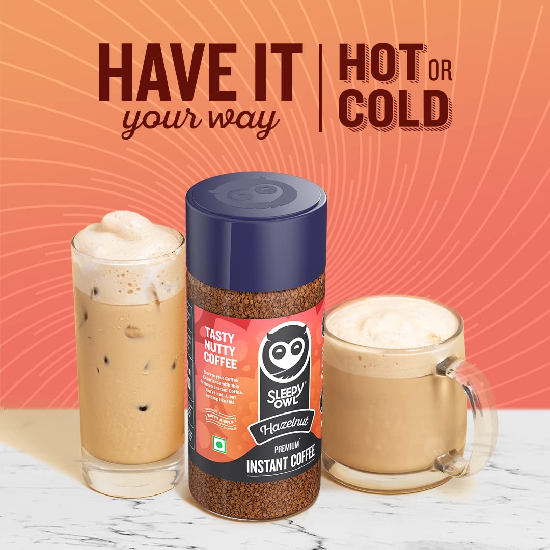 Sleepy Owl Hazelnut Premium Instant Coffee | 100% Arabica | Makes 50 Cups | Microground Technology | Ready in Seconds | 100g