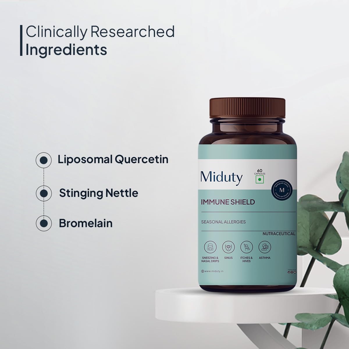 Zephivo Miduty by Palak Notes Immune Shield Bromelain For Seasonal Allergies, Boost Immunity, Nasal Drip, Difficulty Breathing, Nasal Congestion - Asthma - Allergy Medicine, Anti-Inflammatory - 60 Caps