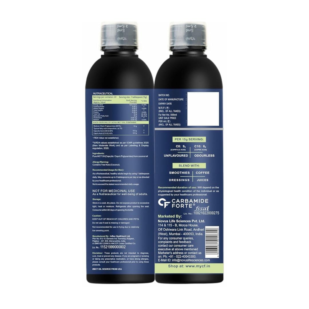 Carbamide Forte Pure MCT Oil C8 From USA | 100% Coconut Source | MCT Oil Keto & Paleo Friendly | Vegetarian β 500ml