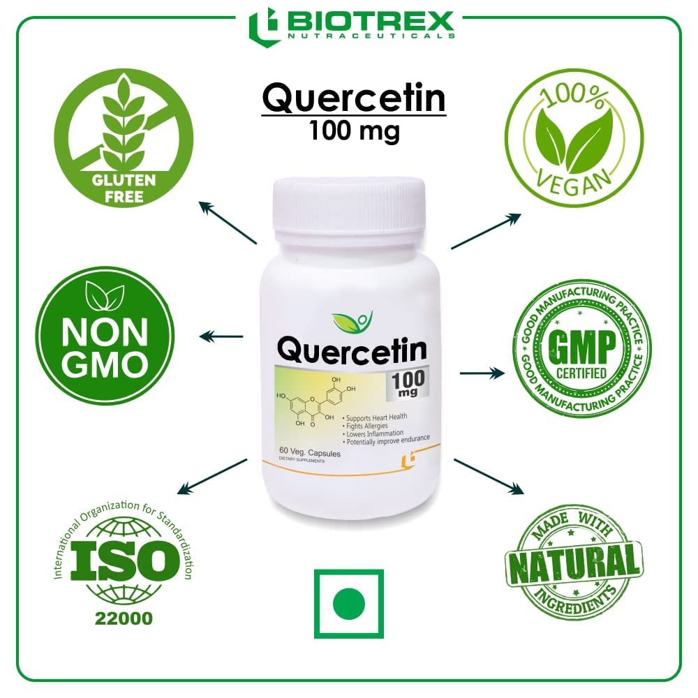 Biotrex Nutraceuticals Quercetin 100mg | Supports Energy, Brain & Heart Health | Antioxidant | Cardiovascular & Respiratory Health – 60 Veg Capsules